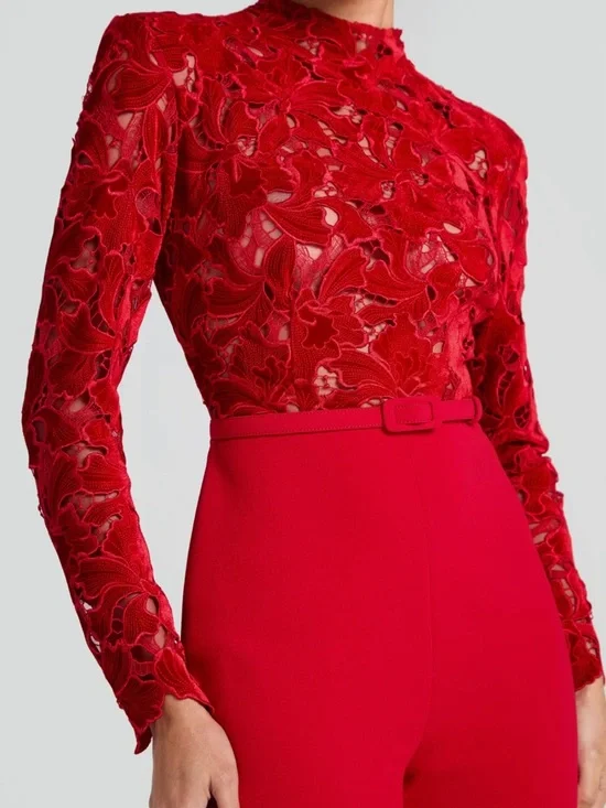 Nadine Merabi Eleanor Red Jumpsuit Long Sleeve Velvet  2 and 14 available - Picture 2 of 6